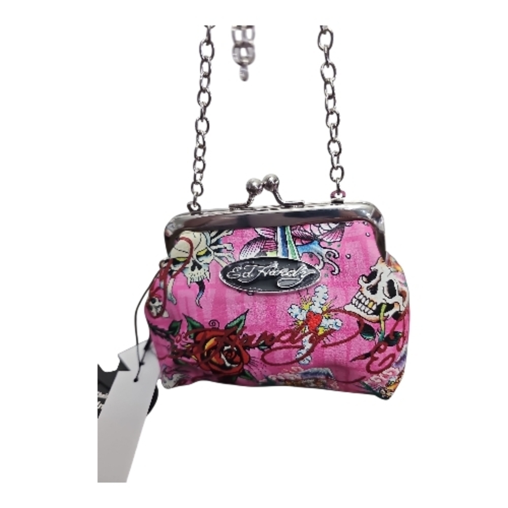 Ed Hardy Pink Dropin Chain Shoulder Strap‎ Kiss Lock 4.5"x3" Mini Cross Body NEW